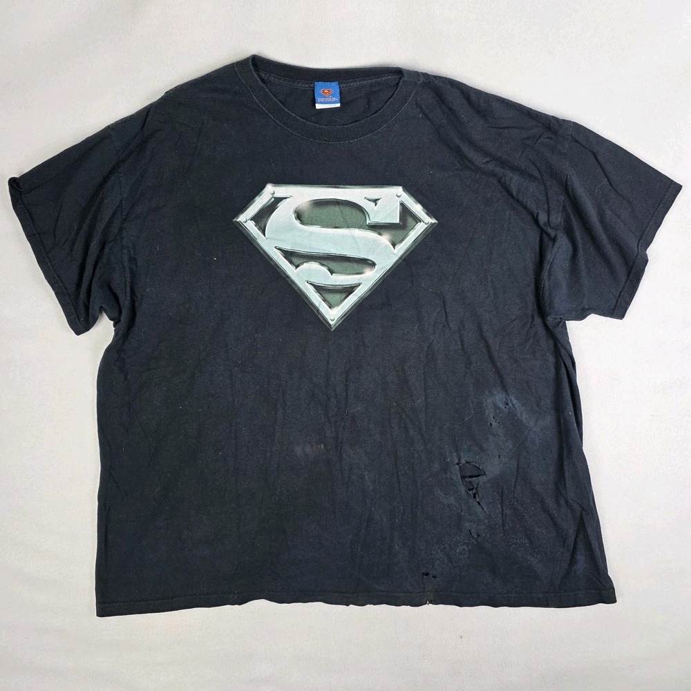 Vintage Y2k Superman T Shirt Mens 3XL Black Thrashed Skater Grunge DC Superhero
